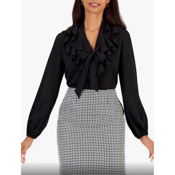 Kasper Ruffled‎ Tie-Neck Blouse Size X Large Petite V-Neck Long Sleeve Top - Picture 1 of 10